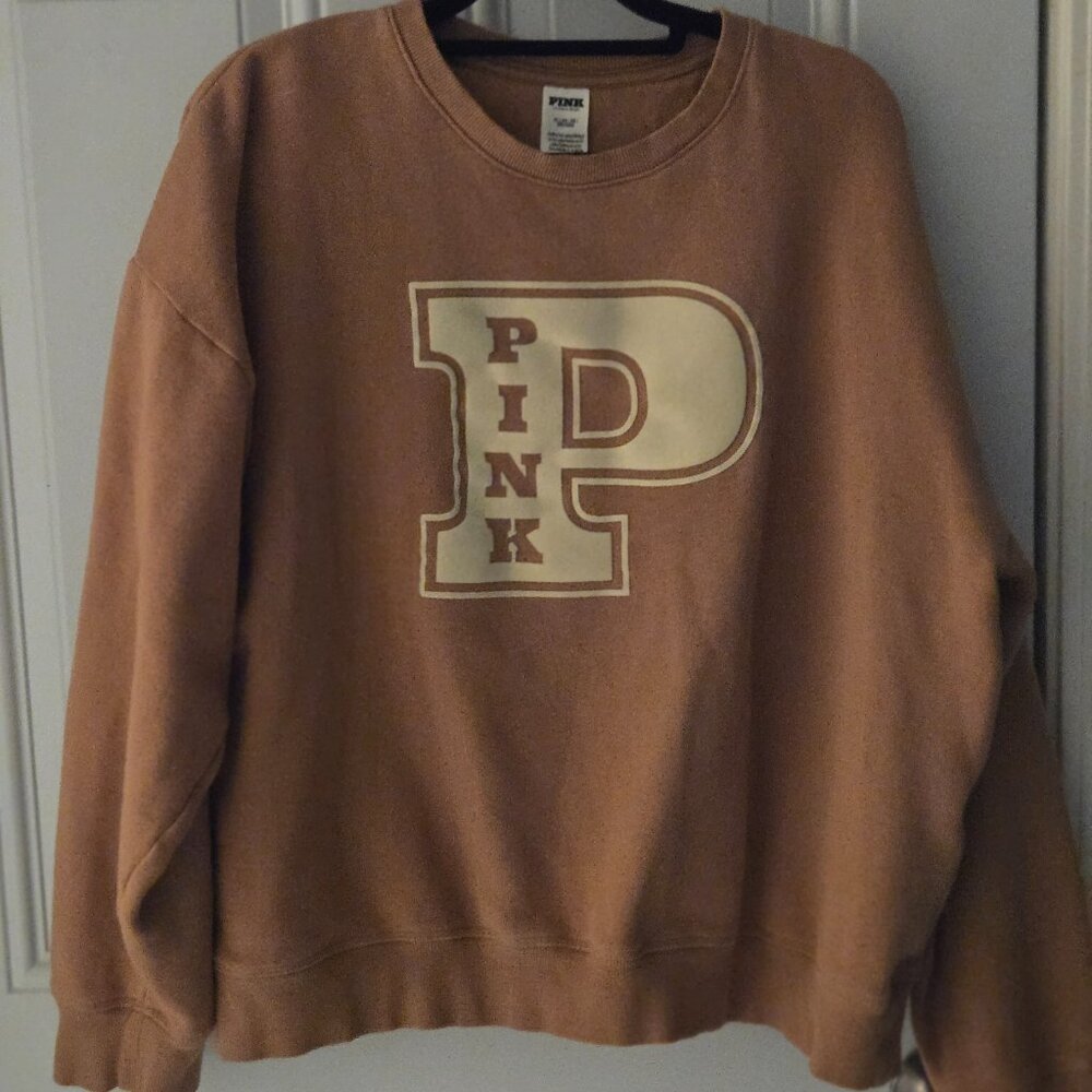 PINK Victoria's Secret Ivy Fleece Classic Crew Golden Brown Sweatshirt Size XL